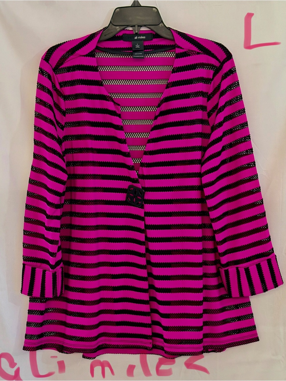 Ali Miles Fuchsia and Black Striped Mesh Swim Coverup